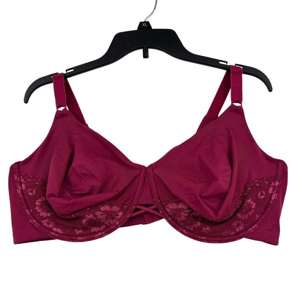 Vanity Fair Underwire Bra Size 44D Red Lace Side Smoothing Full Coverage Support